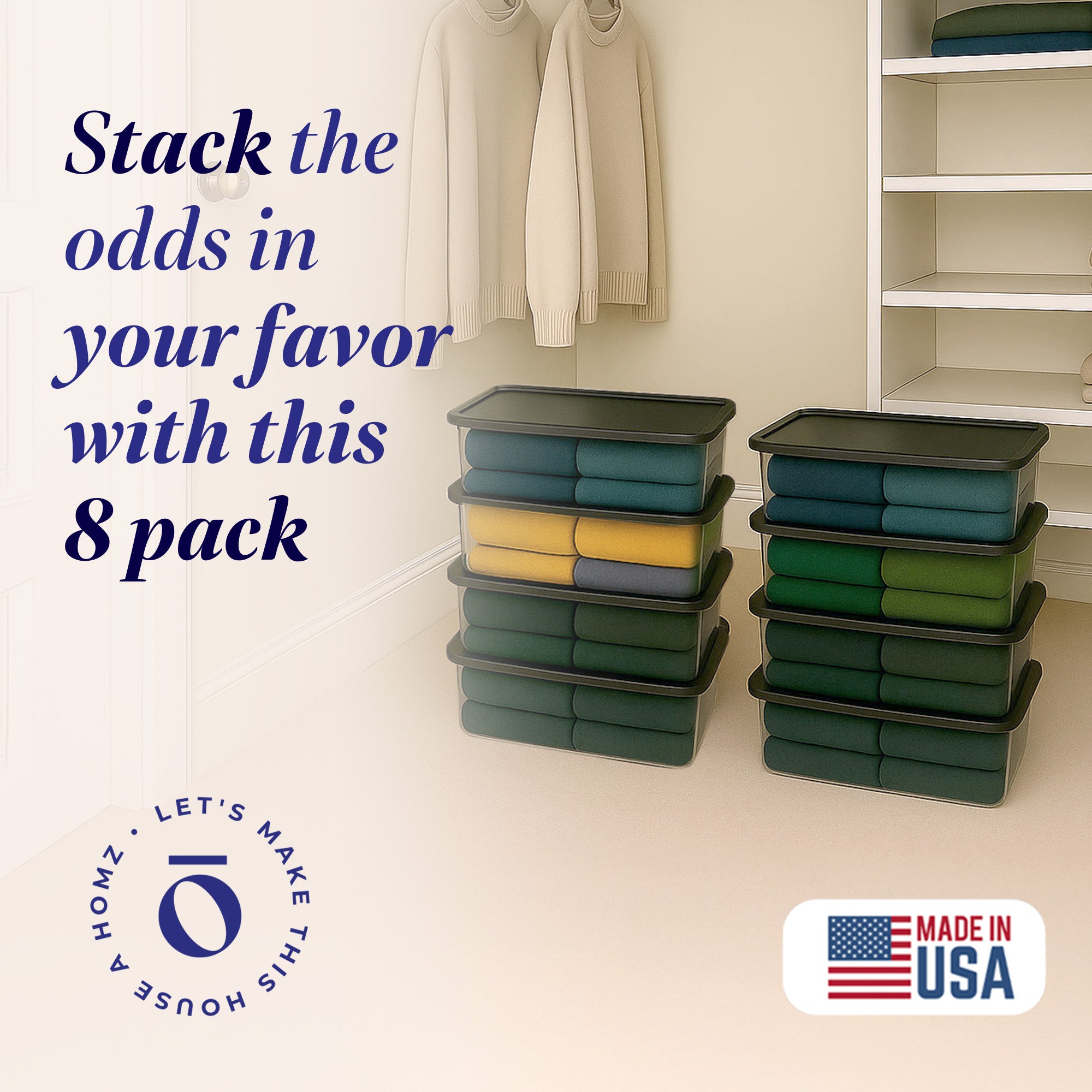 Homz 41 Quart Stackable Plastic Storage Containers with Latching Lid (8 Pack)