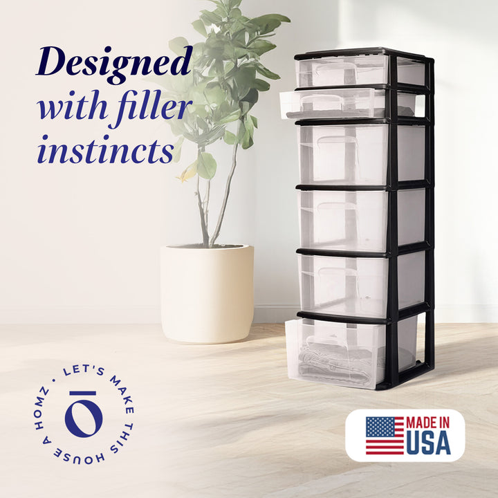Homz 6-Drawer Plastic Bedroom & Closet Organizer Storage, Clear/Black Frame