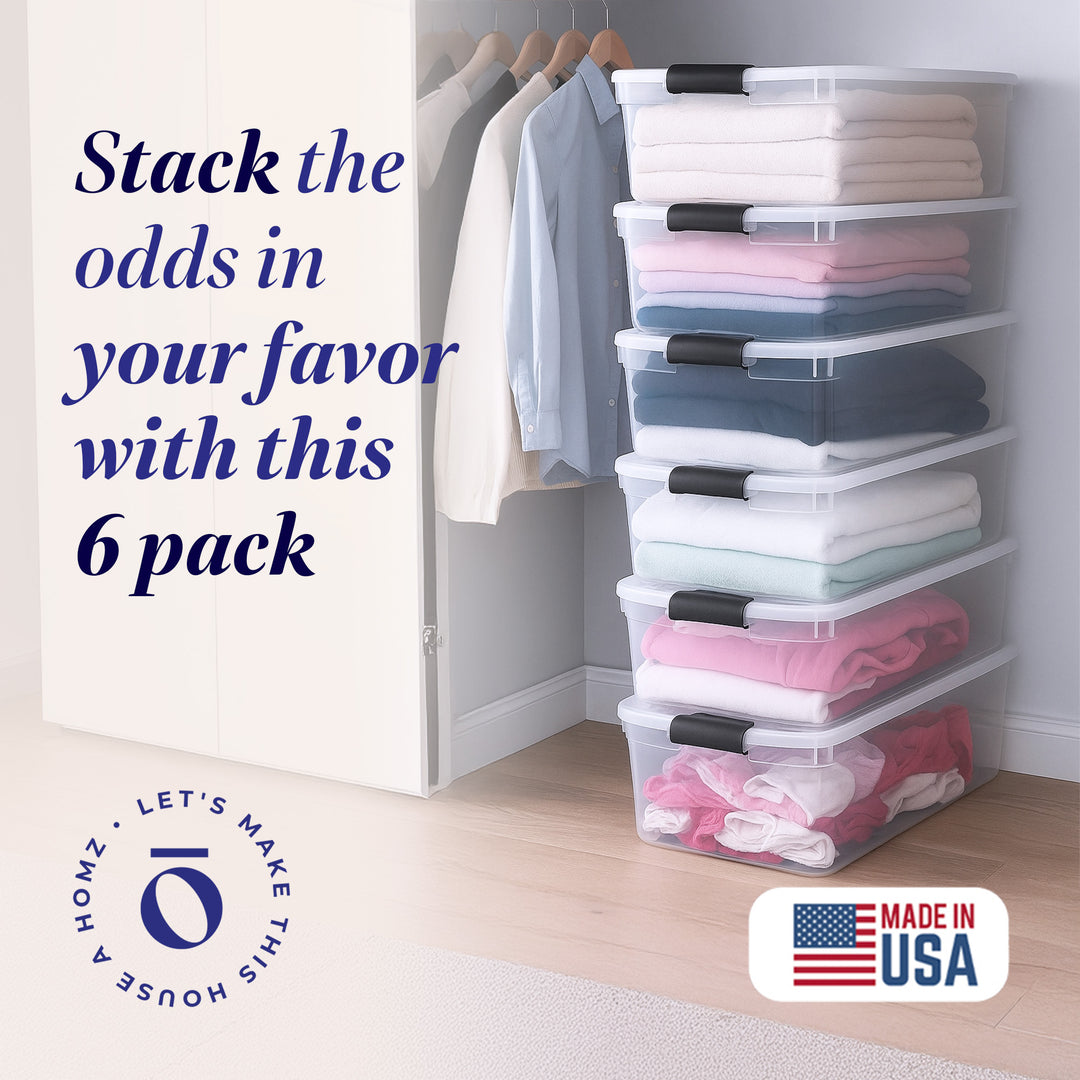 Homz 64 Qt Multipurpose Stackable Storage Bin with Latching Lids, Clear (6 Pack)