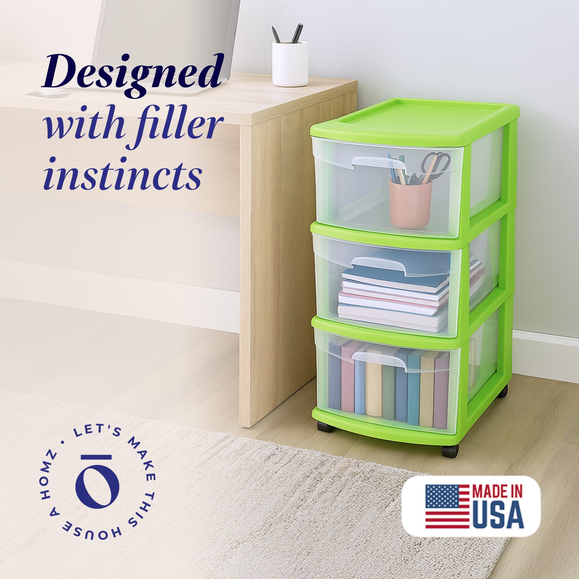 Homz Plastic 3 Drawer Storage Container Tower, Clear Drawers/Lime Frame (Used) - VMInnovations
