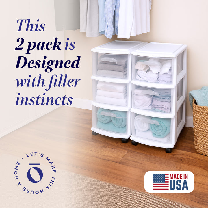 Homz Plastic 3 Drawer Medium Storage Tower, Clear Drawers/White Frame (2 Pack)
