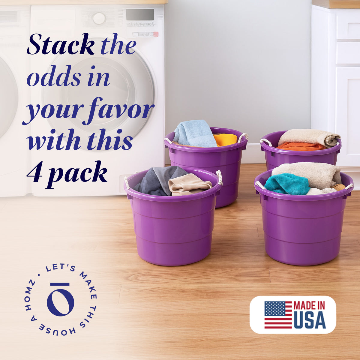 Homz 17 Gallon Indoor Outdoor Storage Bucket w/ Rope Handles, Orchid (4 Pack)