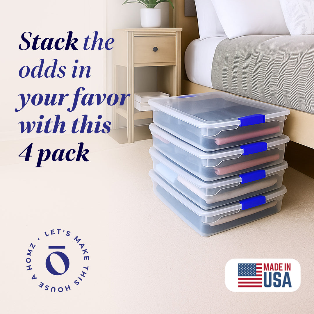 Homz 56 Quart Underbed Secure Latching Clear Plastic Storage Container (4 Pack)
