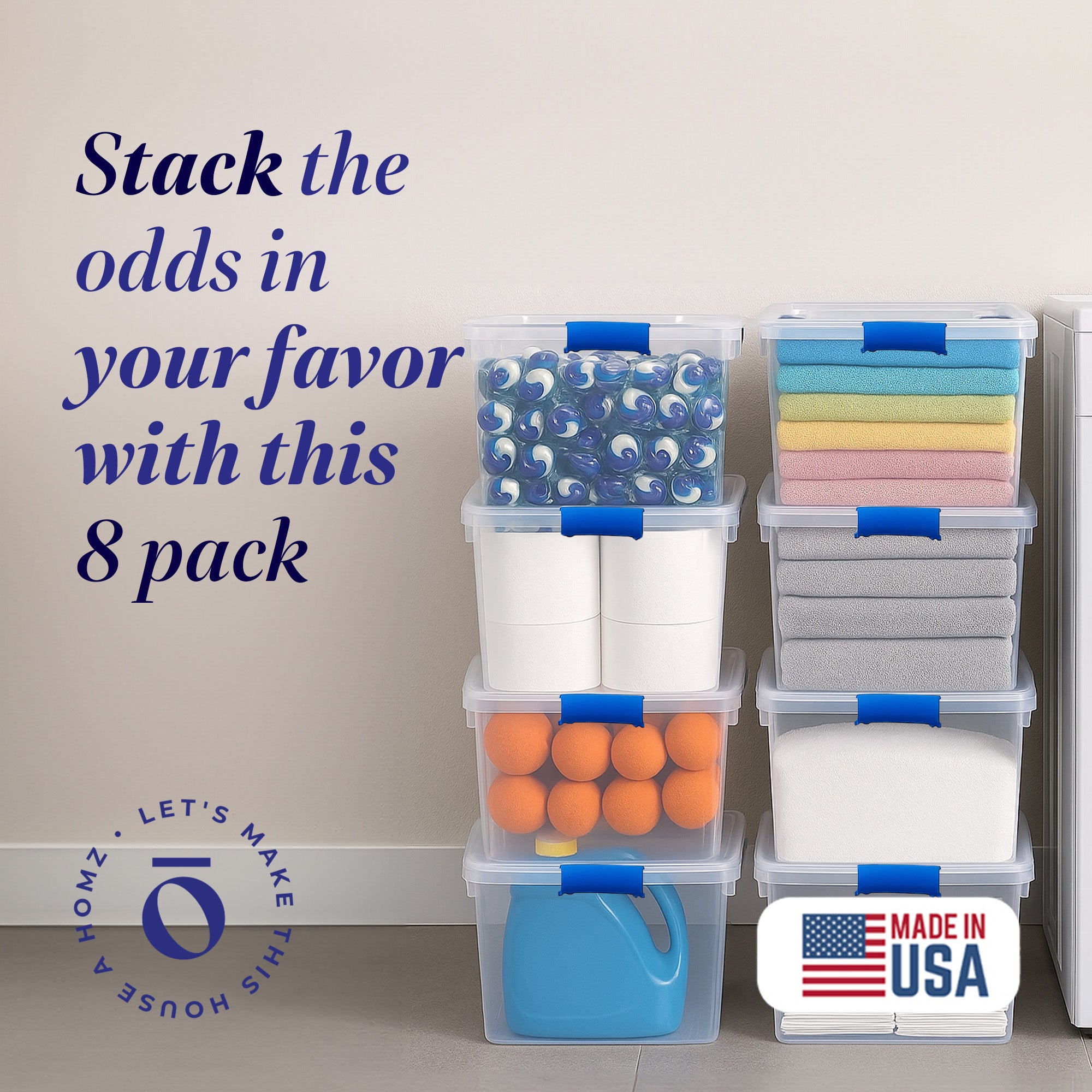 Homz 31 Quart Heavy Duty Modular Stackable Storage Containers, Clear, 8 Pack