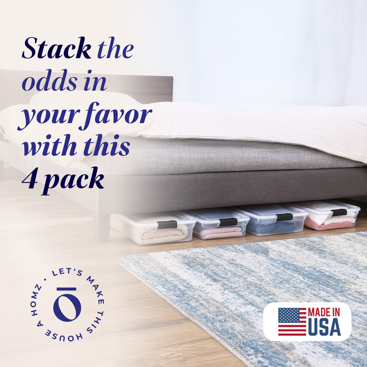 Homz 56 Qt Full/Queen Underbed Clear Plastic Latching Storage Container, 4 Pack