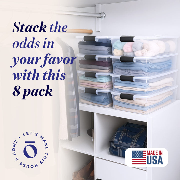 Homz 15.5 Qt Plastic Stackable Home Storage Container w/Lid, Gray Latch (8 Pack)