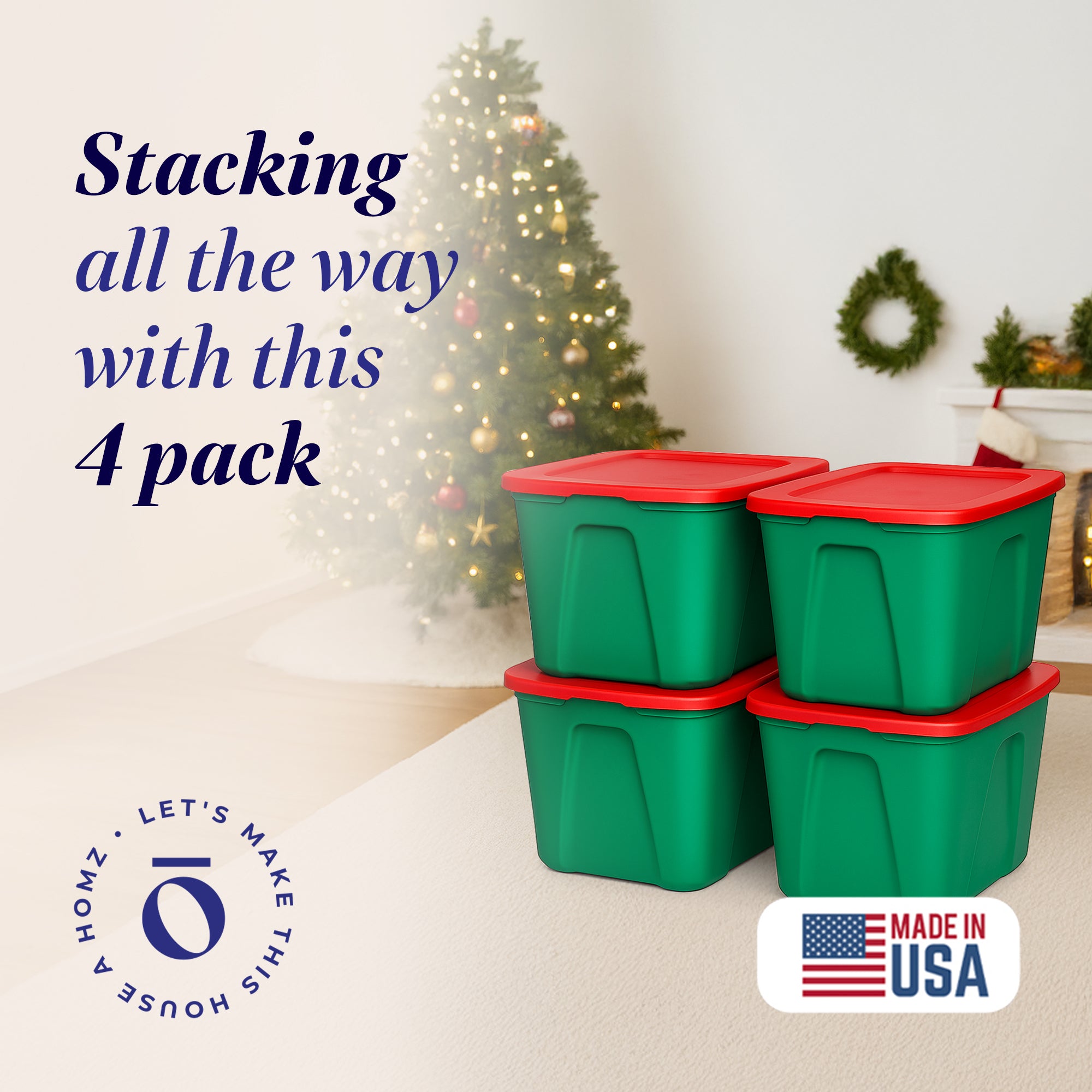 HOMZ 18 Gallon Heavy Duty Plastic Holiday Storage Totes, Green/Red (4 Pack) - VMInnovations