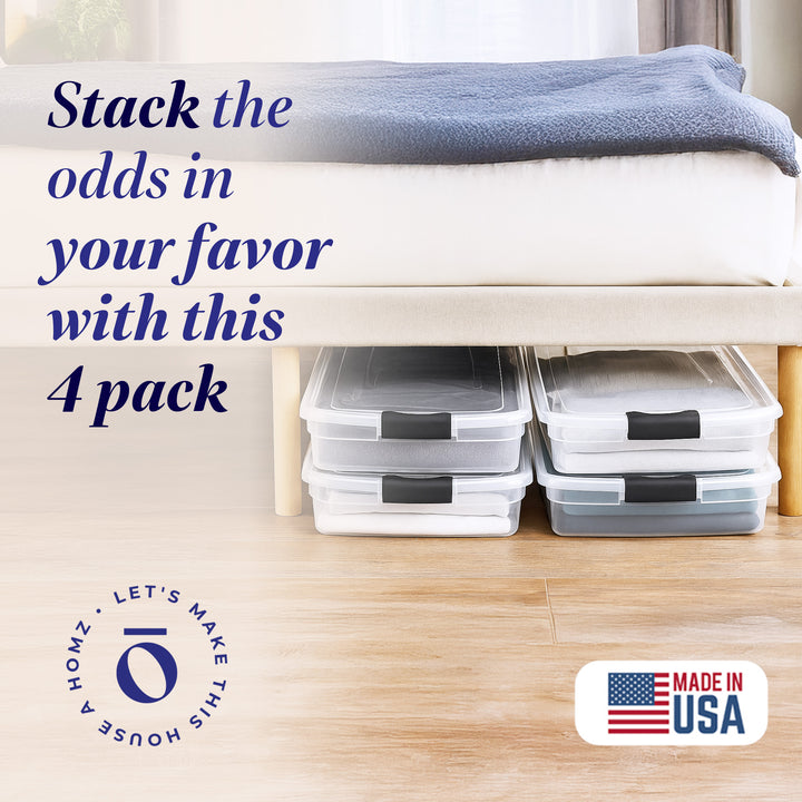 HOMZ 60 Qt Latching Lid & Easy Grip Underbed Storage Container, Clear (4 Pack)