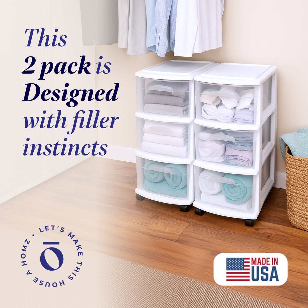 Homz Plastic 3 Drawer Medium Storage Tower, Clear Drawers/White Frame (2 Pack)
