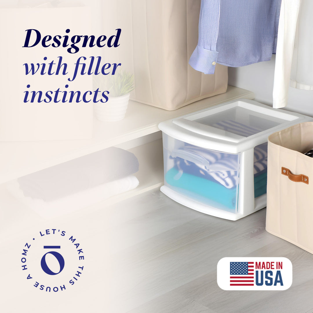Homz Plastic 1 Drawer Medium Storage Cart, White Frame with Clear Drawer, 2 Pack
