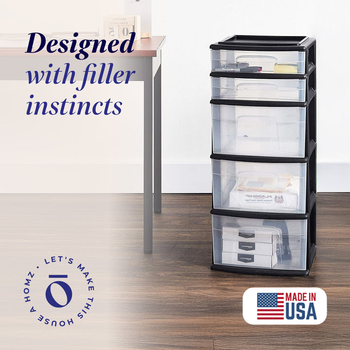 Plastic 5 Drawer Medium Home Storage Container Tower, Black Frame (Open Box)