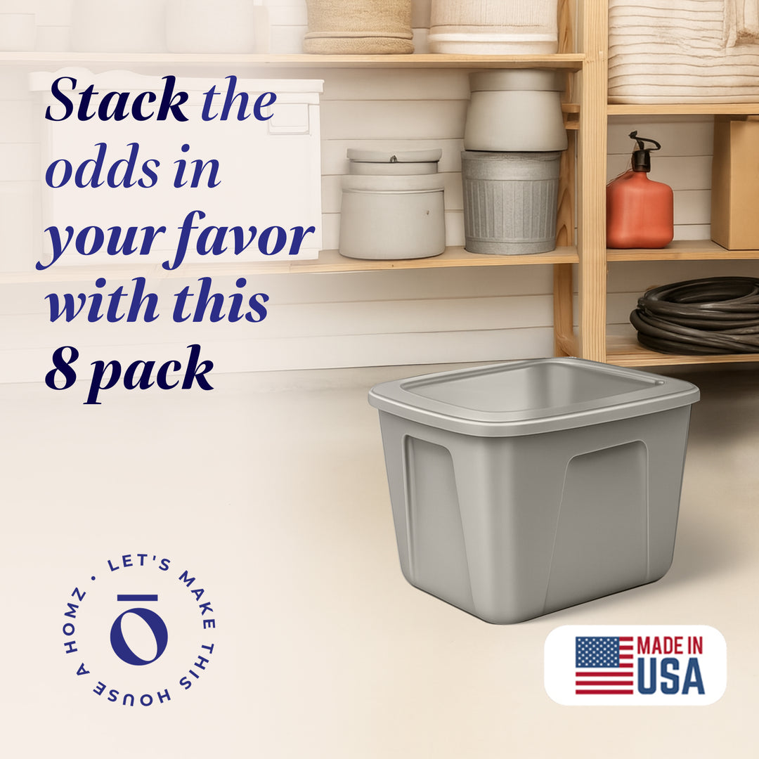 Homz 10 Gallon Heavy Duty Plastic Storage Container, Titanium Silver (8 Pack)