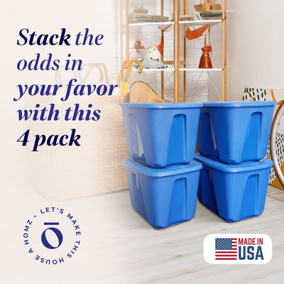 Homz 18 Gallon Standard Plastic Storage Container with Secure Lid, Blue, 4 Pack - VMInnovations
