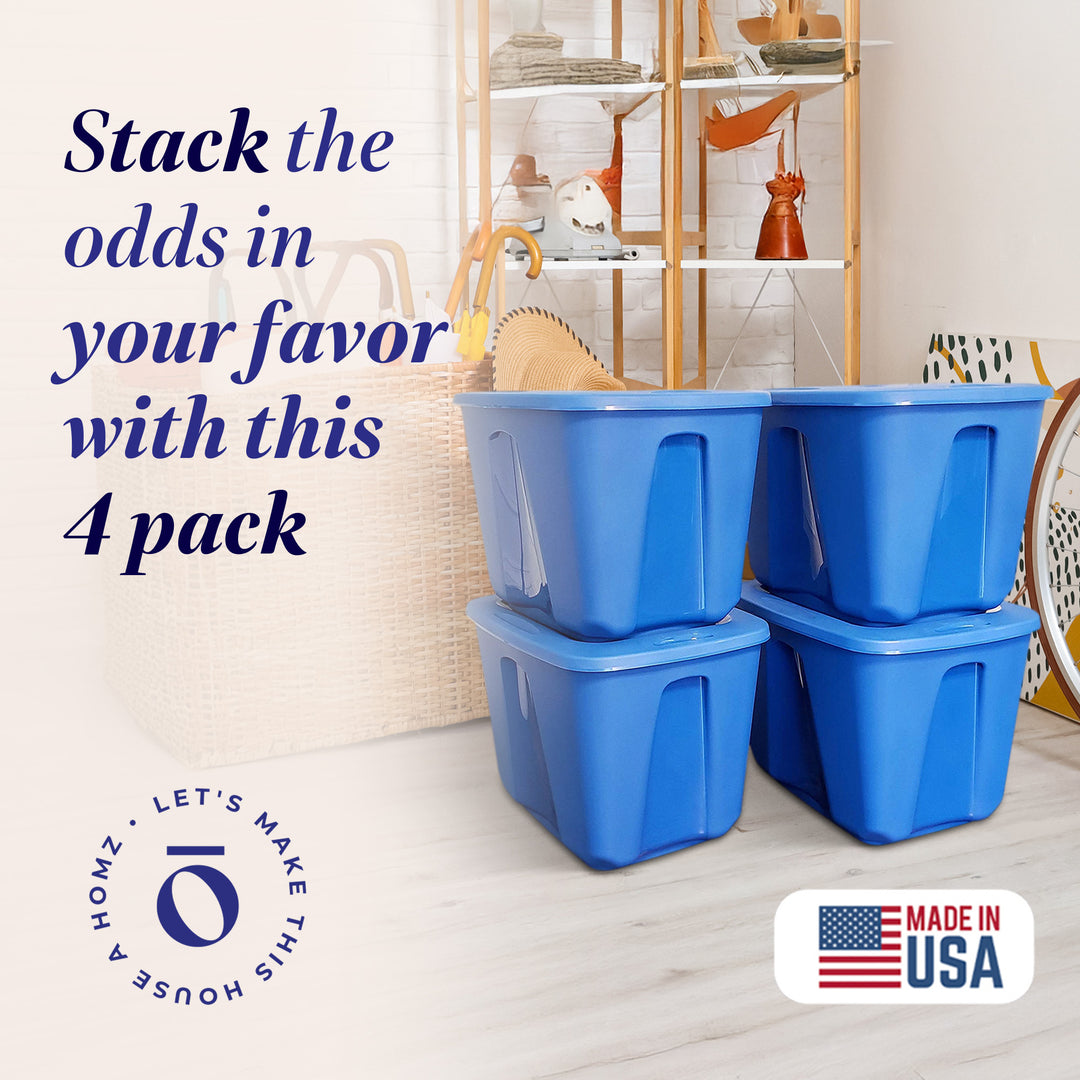 Homz 18 Gallon Standard Plastic Storage Container with Secure Lid, Blue, 4 Pack