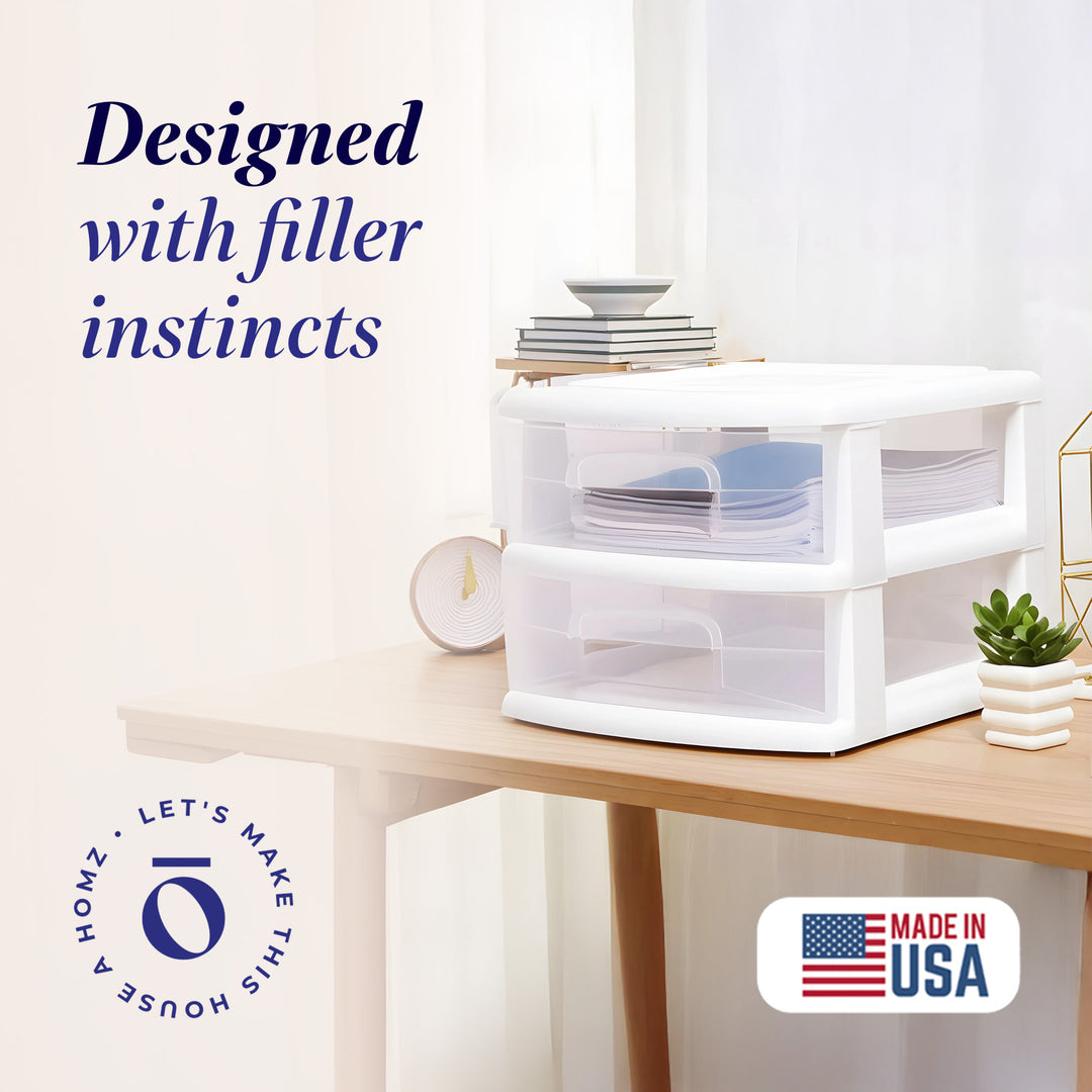 Homz Plastic 2 Drawer Medium Storage Cart, White with Clear Drawer 2pk(Open Box)