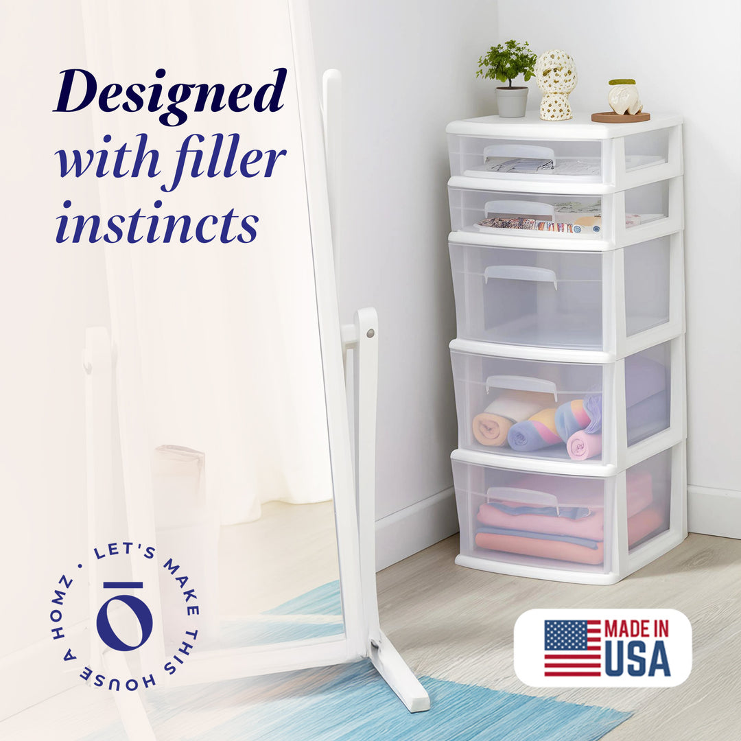 Homz Plastic 5 Drawer Medium Home Storage Cart, White Frame with Clear Drawer