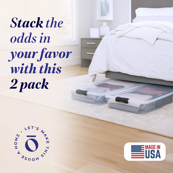 Latching Easy Grip Underbed Storage Container, Clear (2 Pack) (Open Box)