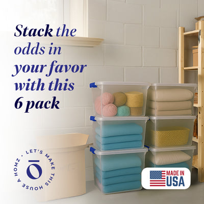 Homz 112 Qt Clear Plastic Stackable Storage Containers with Latch Lid, 6 Pack
