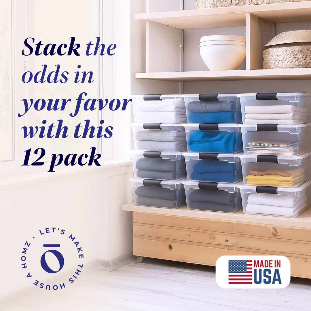 Homz 15.5 Qt Plastic Stackable Storage Container w/Lid, Gray Latch (12 Pack)