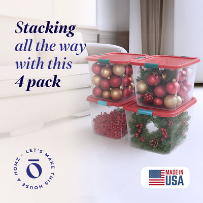 HOMZ 31 Quart Holiday Plastic Storage Container Bin with Latching Lid, 4 Pack