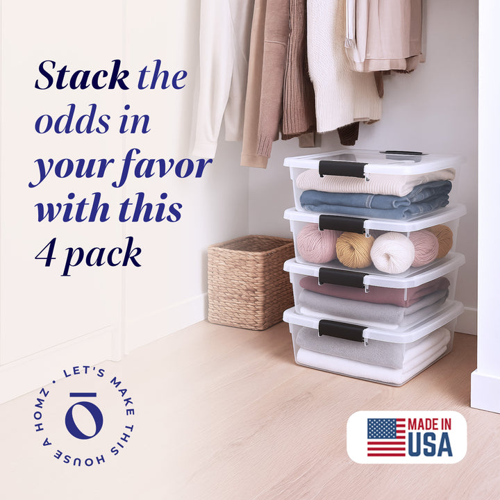 Homz 15.5Qt Plastic Stackable Home Storage Container w/Lid,Gray Latch(4pk)(Used)