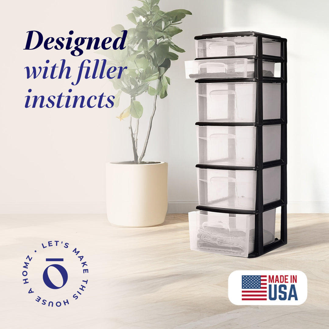 Homz 6-Drawer Plastic Bedroom & Closet Organizer Storage, Clear/Black Frame