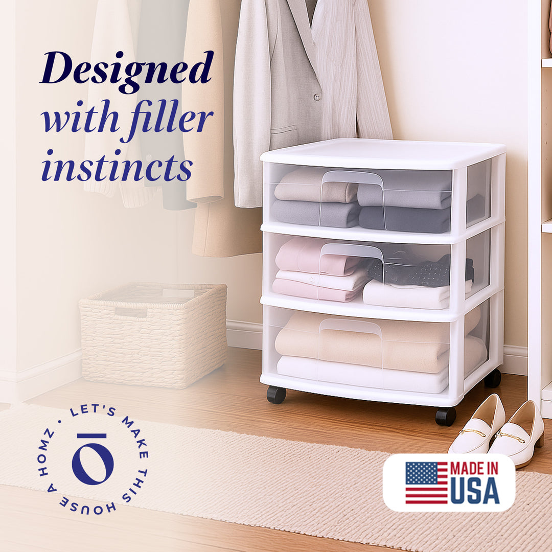 Homz 3 Clear Drawer Small Rolling Storage Container Tower, White Frame (Used)