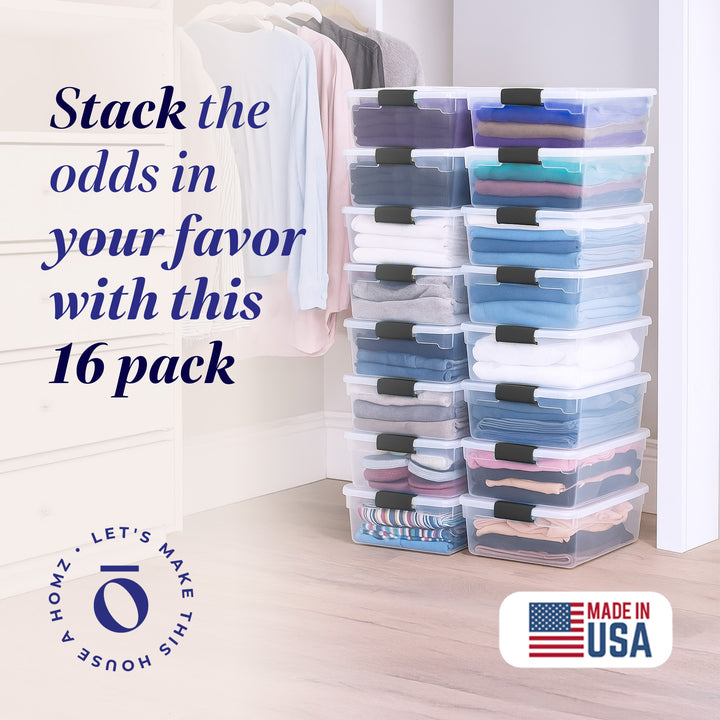 Homz 15.5 Qt Plastic Stackable Storage Container w/Lid, Gray Latch (16 Pack)