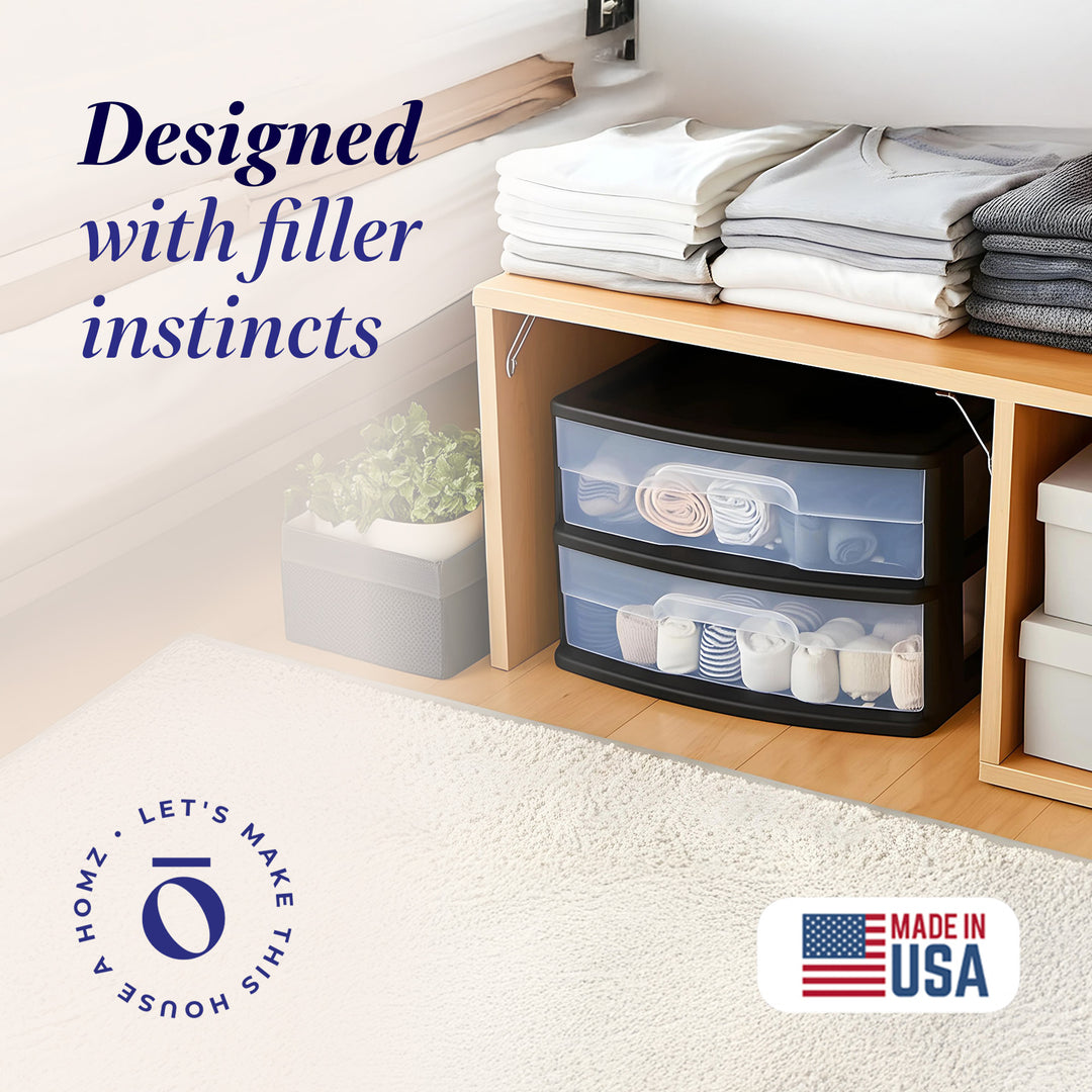 Homz Plastic 2 Drawer Medium Storage Cart, Black Frame with Clear Drawer, 2 Pack