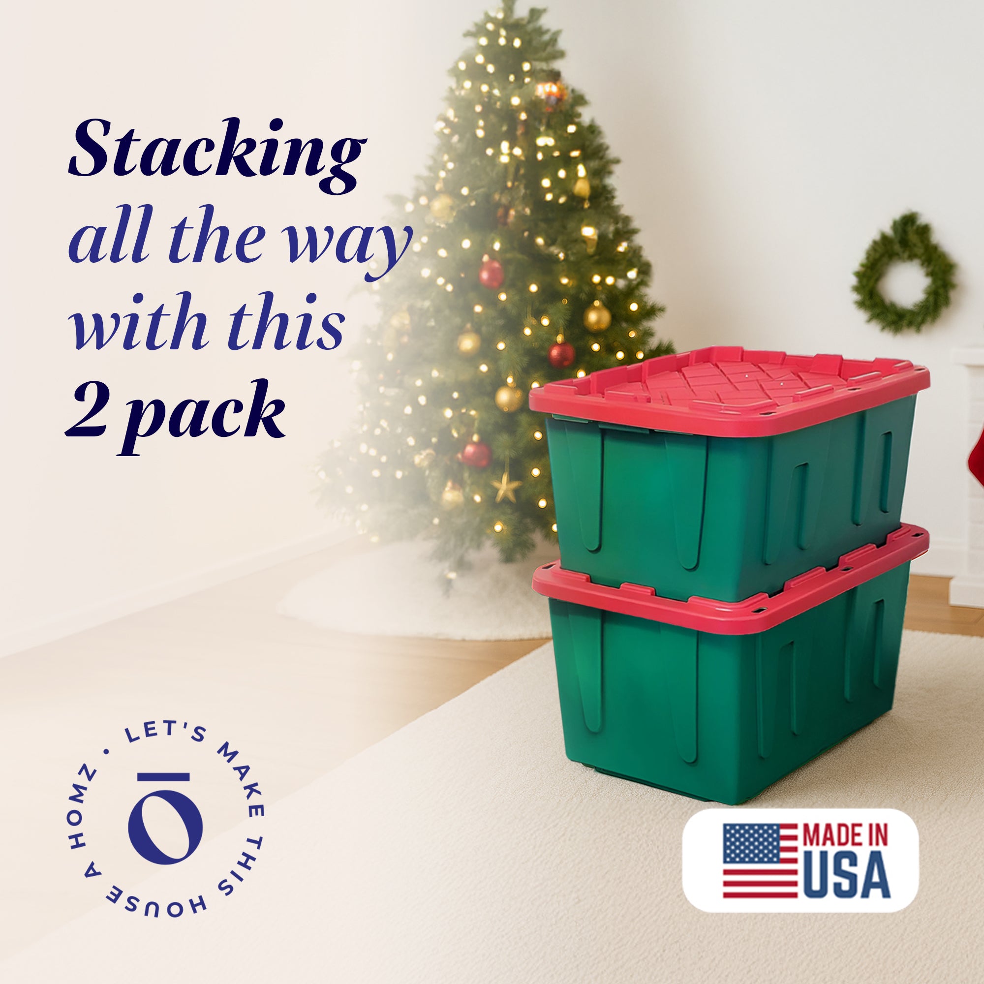 HOMZ Durabilt 27 Gallon Heavy Duty Holiday Storage Tote, Green/Red (2 Pack)