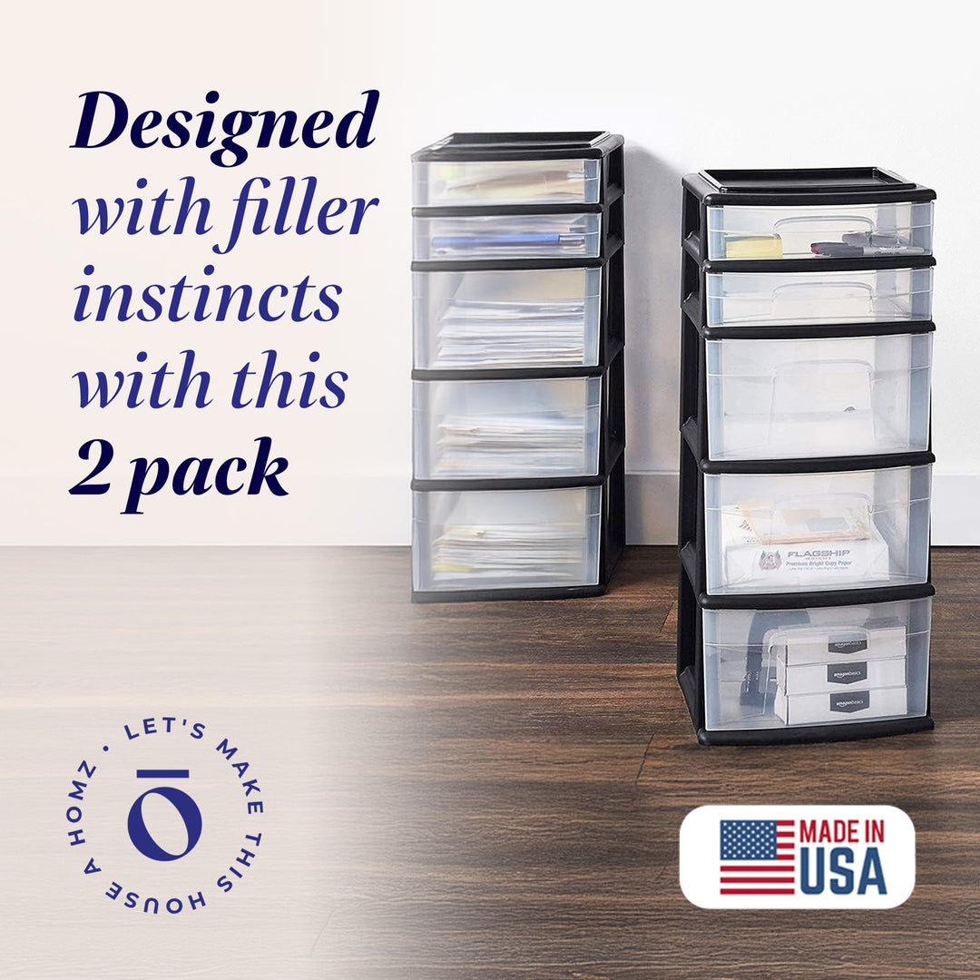 Homz Plastic 5 Drawer Storage Container Tower Closet Organizer, Black, 2 Pack