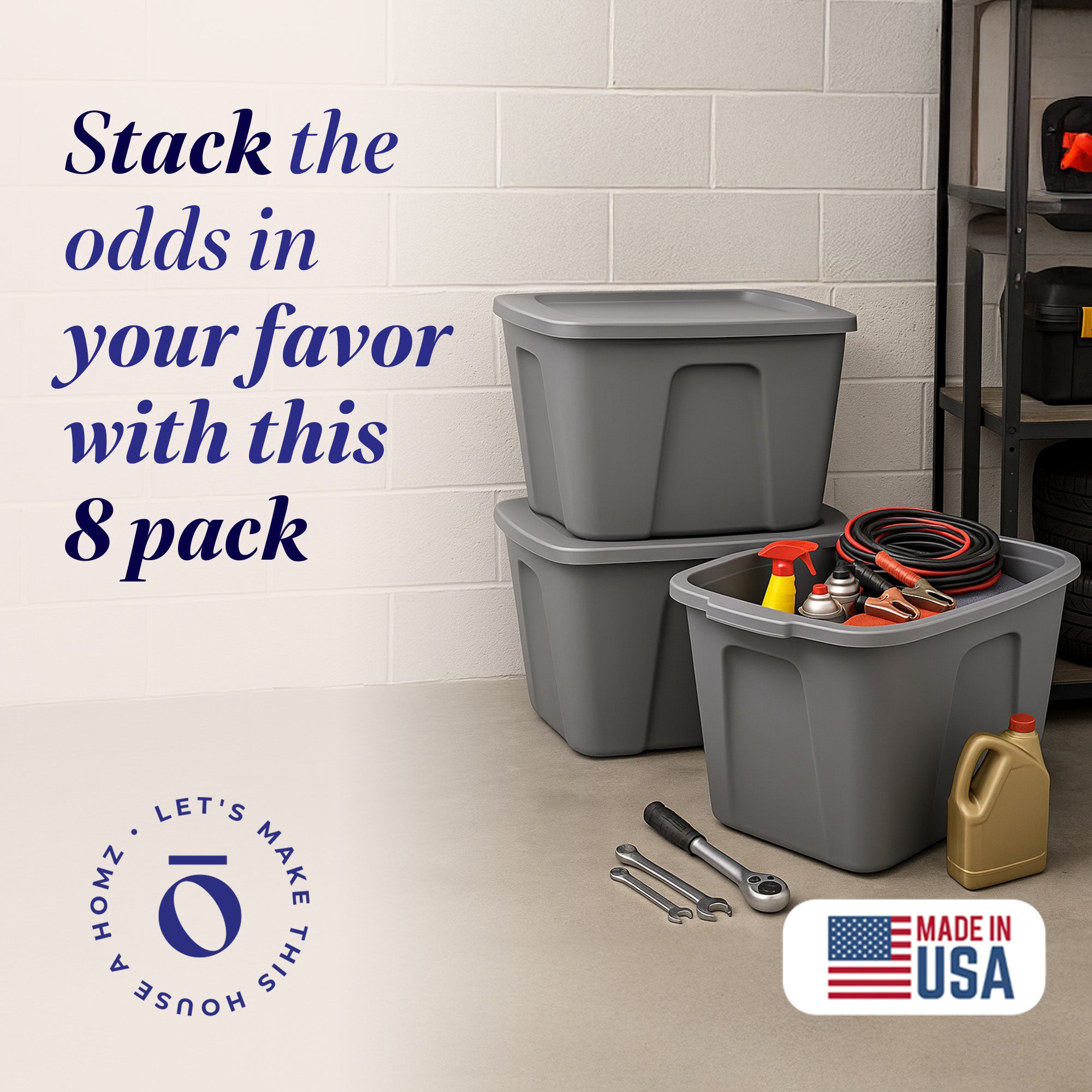 Homz 18-Gallon Stackable Plastic Storage Tote Container with Snap-On Lid, 8 Pack - VMInnovations
