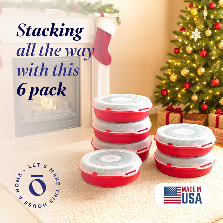 Homz 24 Inch Seasonal Holiday Christmas Plastic Wreath Storage Box, Red (6 Pack)