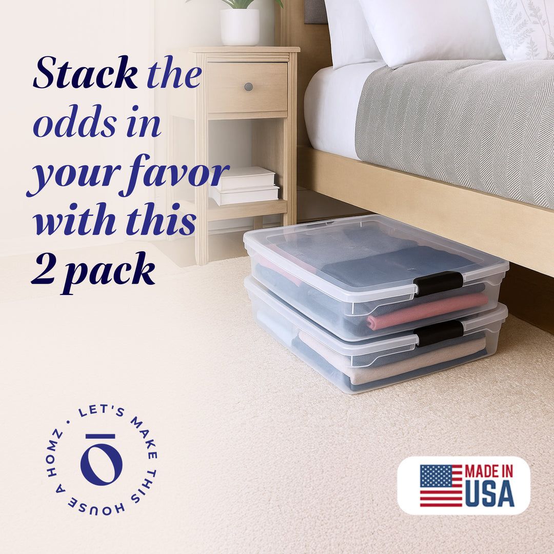 Homz 56 Qt Full/Queen Underbed Clear Plastic Latching Storage Container, 2 Pack