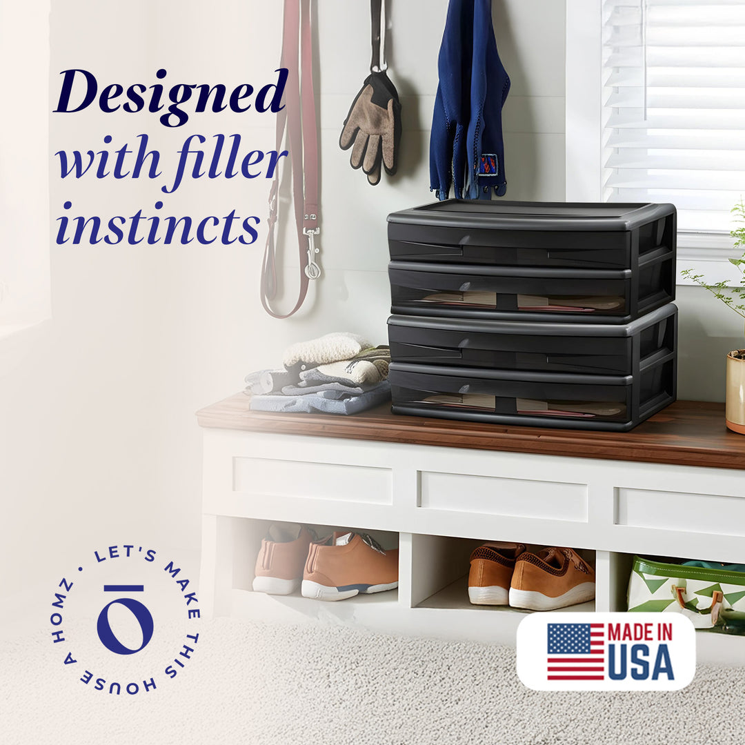 Homz Plastic 2 Drawer Wide Storage Cart, Black with Smoke Drawer, 2PK (Open Box)