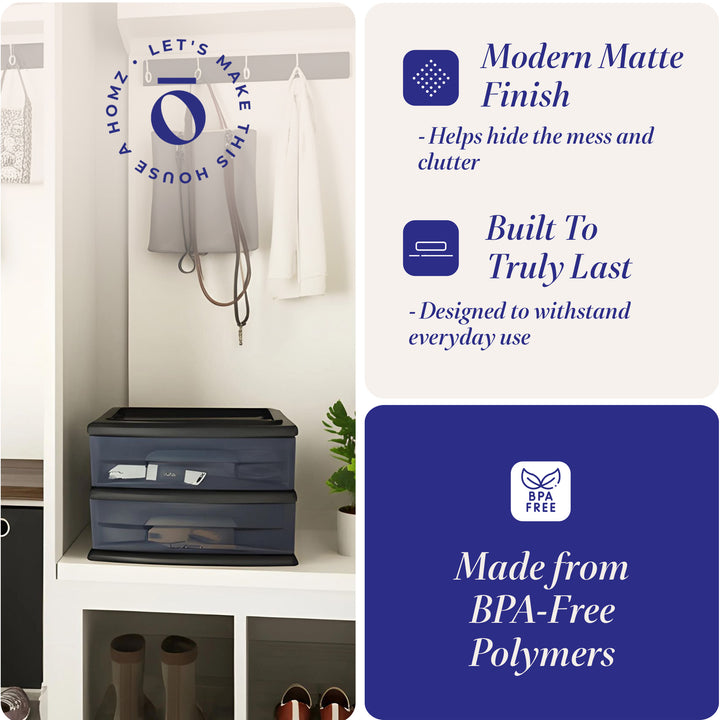 Homz Plastic 2 Drawer Medium Storage Cart, Black with Smoke Drawer 2PK(Open Box)