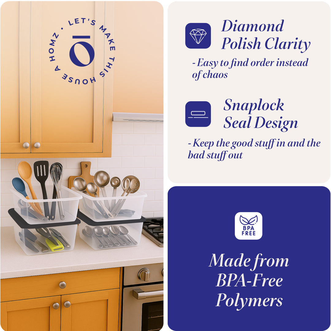 Homz 12 Qt Stackable Plastic Storage Container w/Snaplock, Gray (4pk) (Open Box) - VMInnovations