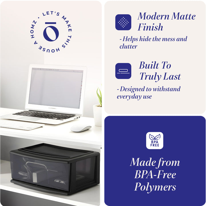 Homz Plastic 1 Drawer Wide Storage Cart, Black Frame with Smoke Drawer, 2 Pack