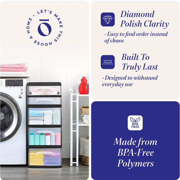 Plastic 5 Drawer Medium Home Storage Container Tower, Black Frame (Open Box)