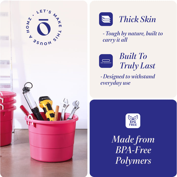 Homz Plastic 18 Gallon Utility Bucket Tub Container with Handles, Pink (6 Pack)