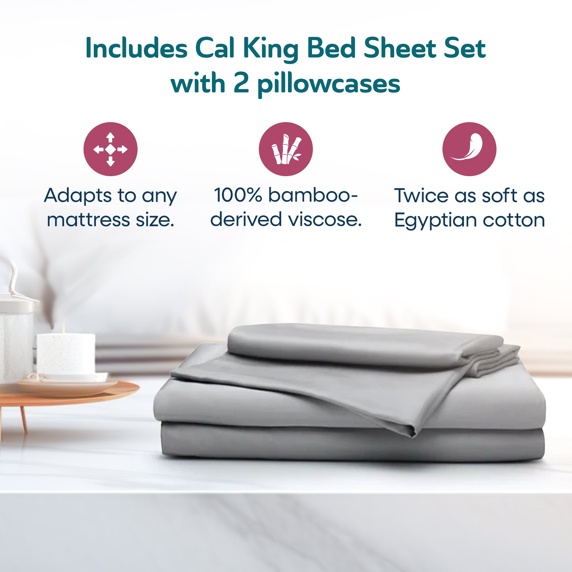 Sleepgram Viscose from Bamboo Cal King Bed Sheet Set w/2 Pillowcases, Grey Stone - VMInnovations