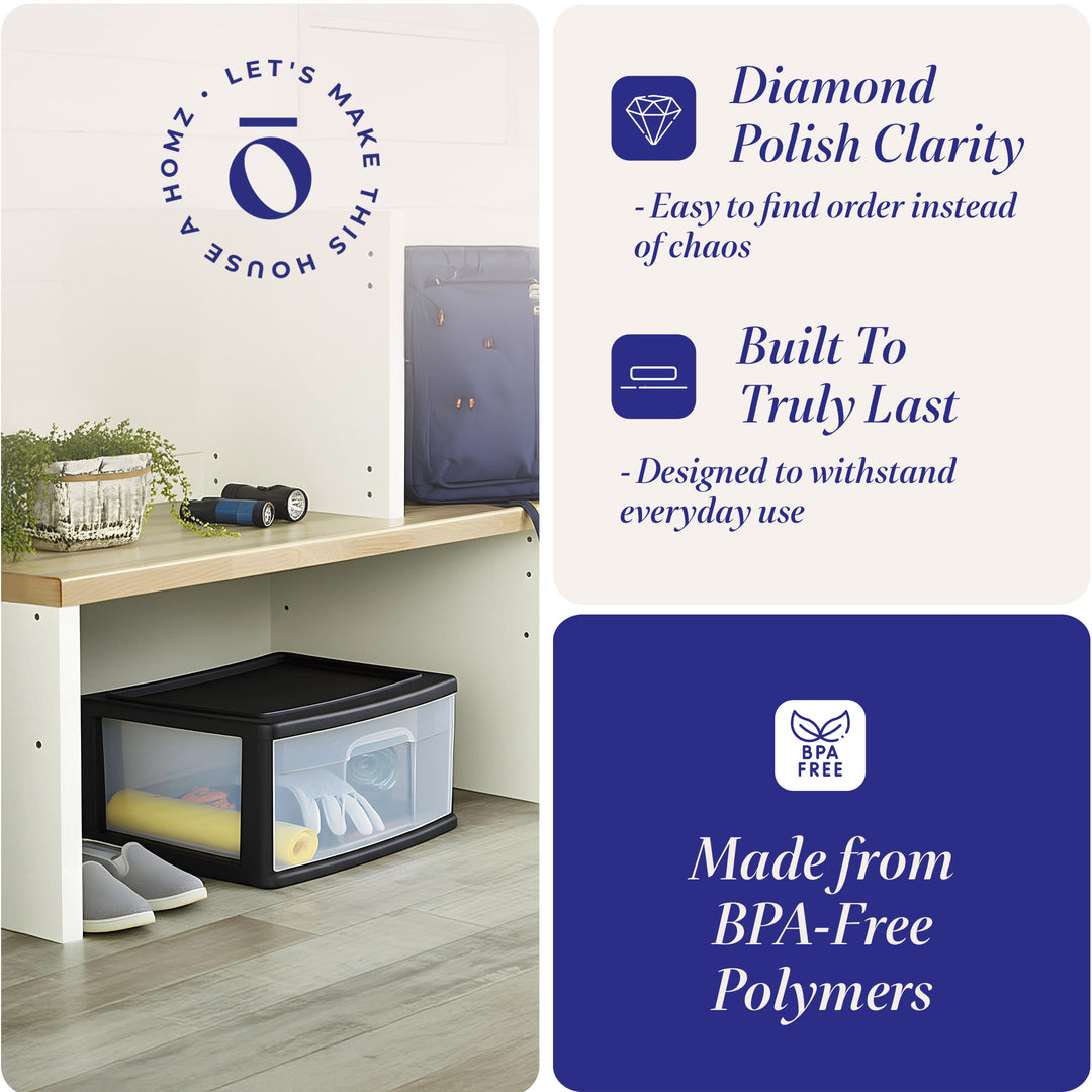 Homz Plastic 1 Drawer Wide Storage Cart, Black with Clear Drawer, 2pk (Open Box)