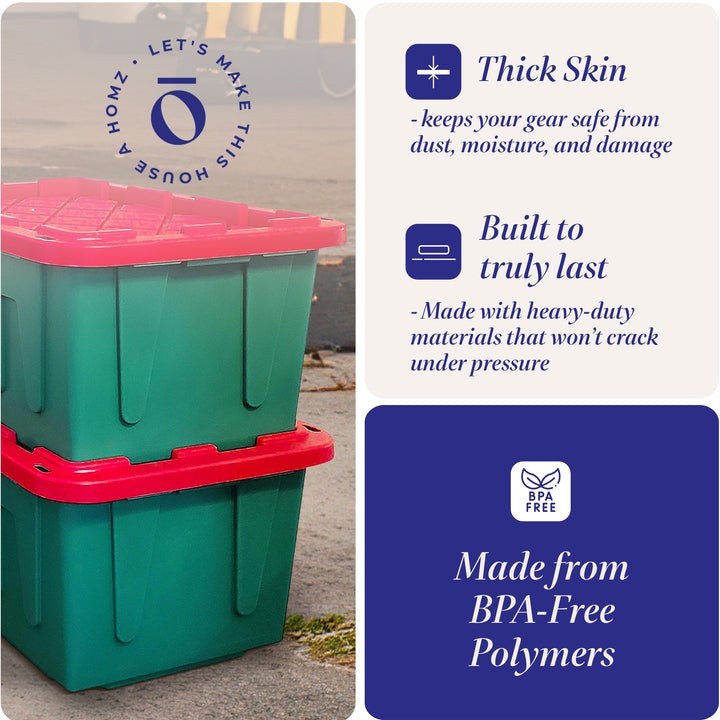 HOMZ Durabilt 27 Gallon Heavy Duty Holiday Storage Tote, Green/Red (2 Pack)