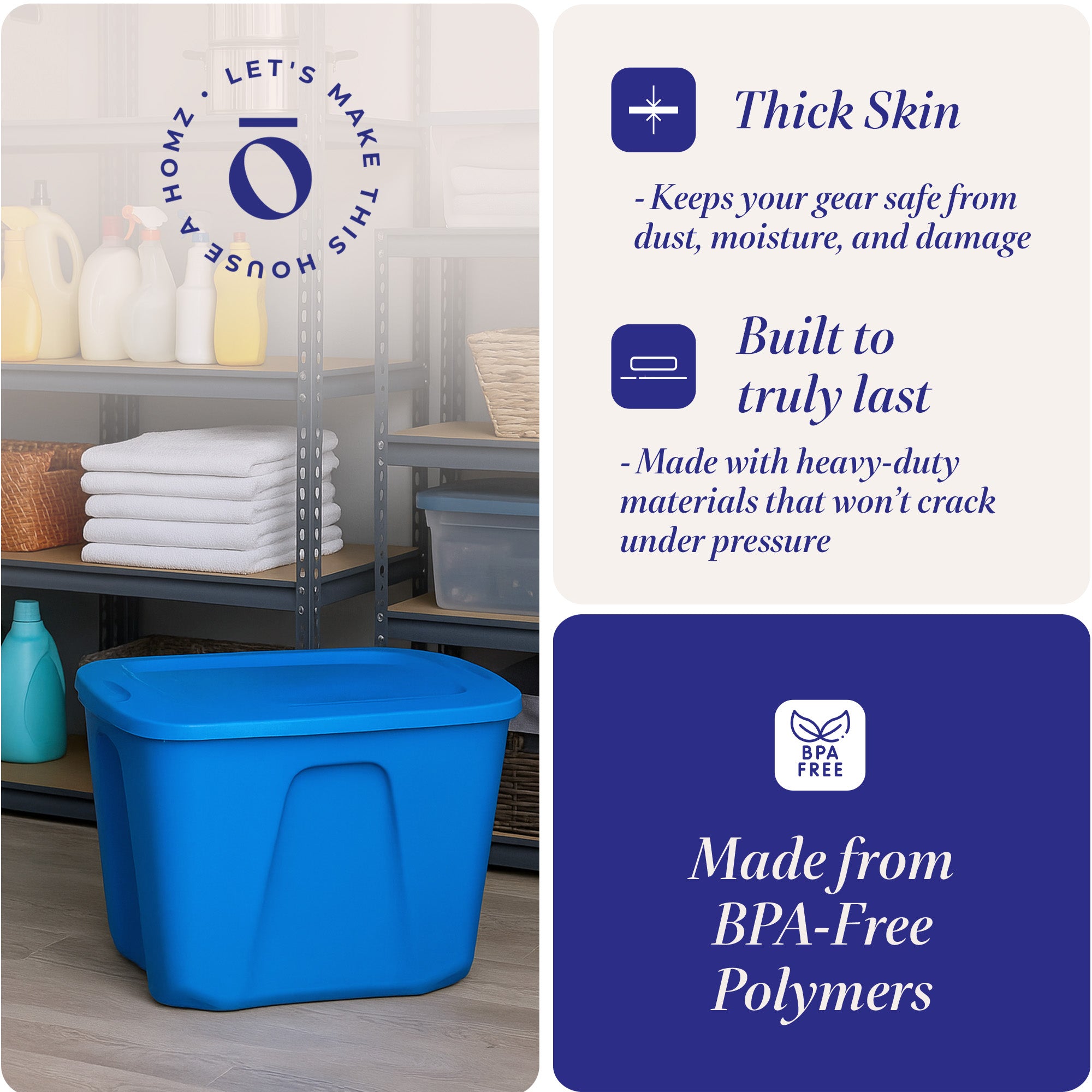 HOMZ 10 Gallon Heavy Duty Plastic Storage Container, Capri Blue (4 Pack)