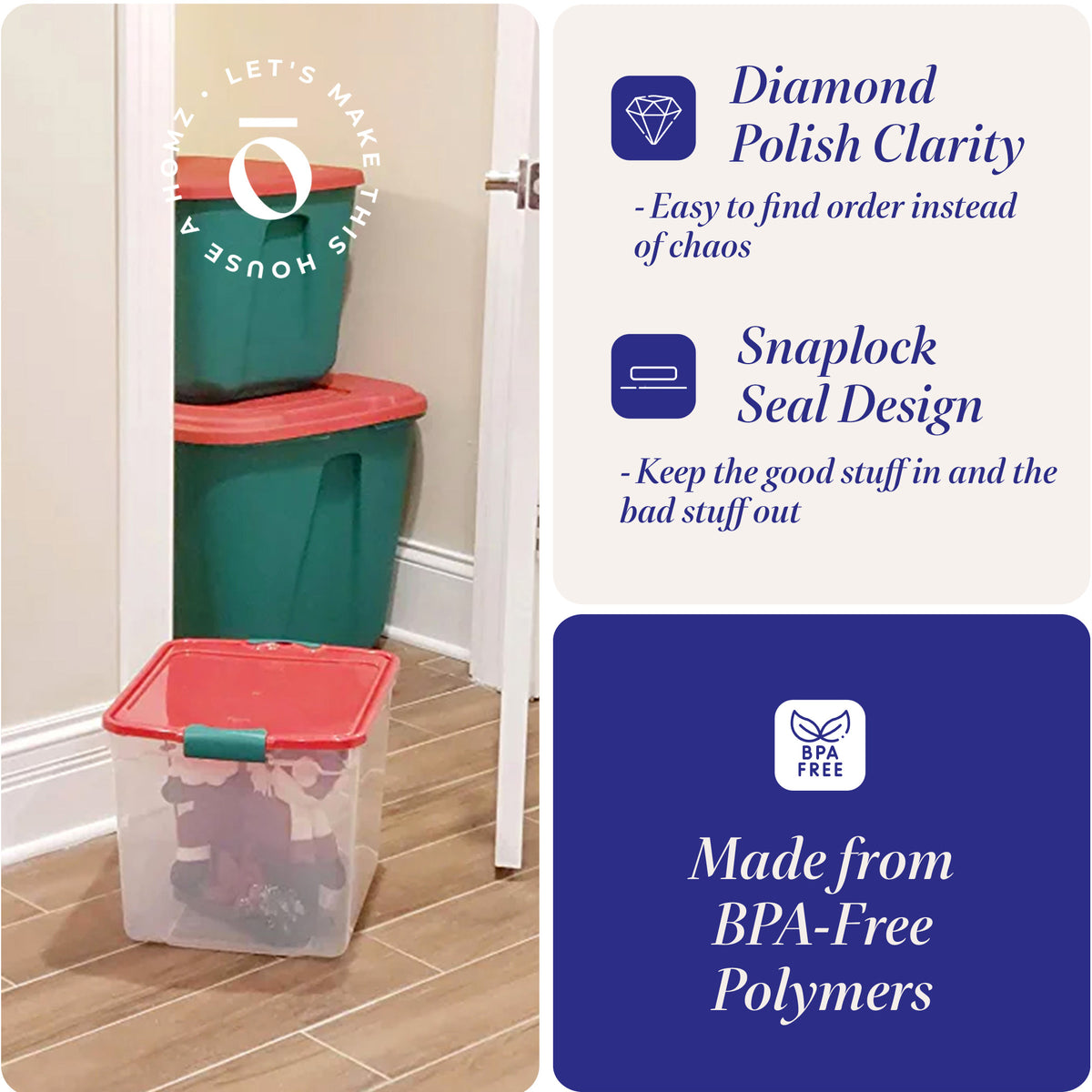 HOMZ 31 Quart Holiday Plastic Storage Container Bin with Latching Lid, 4 Pack