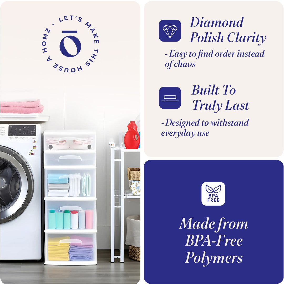 Homz Plastic 5 Drawer Medium Home Storage Cart, White Frame with Clear Drawer