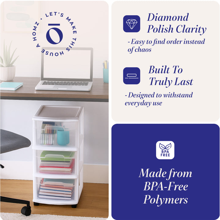 Homz Plastic 3 Drawer Medium Storage Tower, Clear Drawers/White Frame (2 Pack)