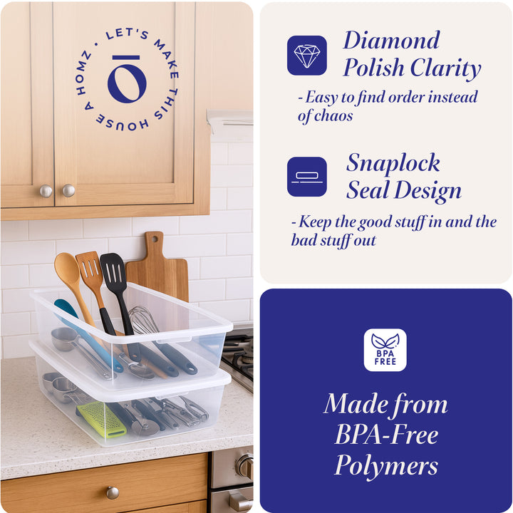 Homz Snaplock 41 Qt Stackable Plastic Storage Container w/Latching Lid (2 Pack)