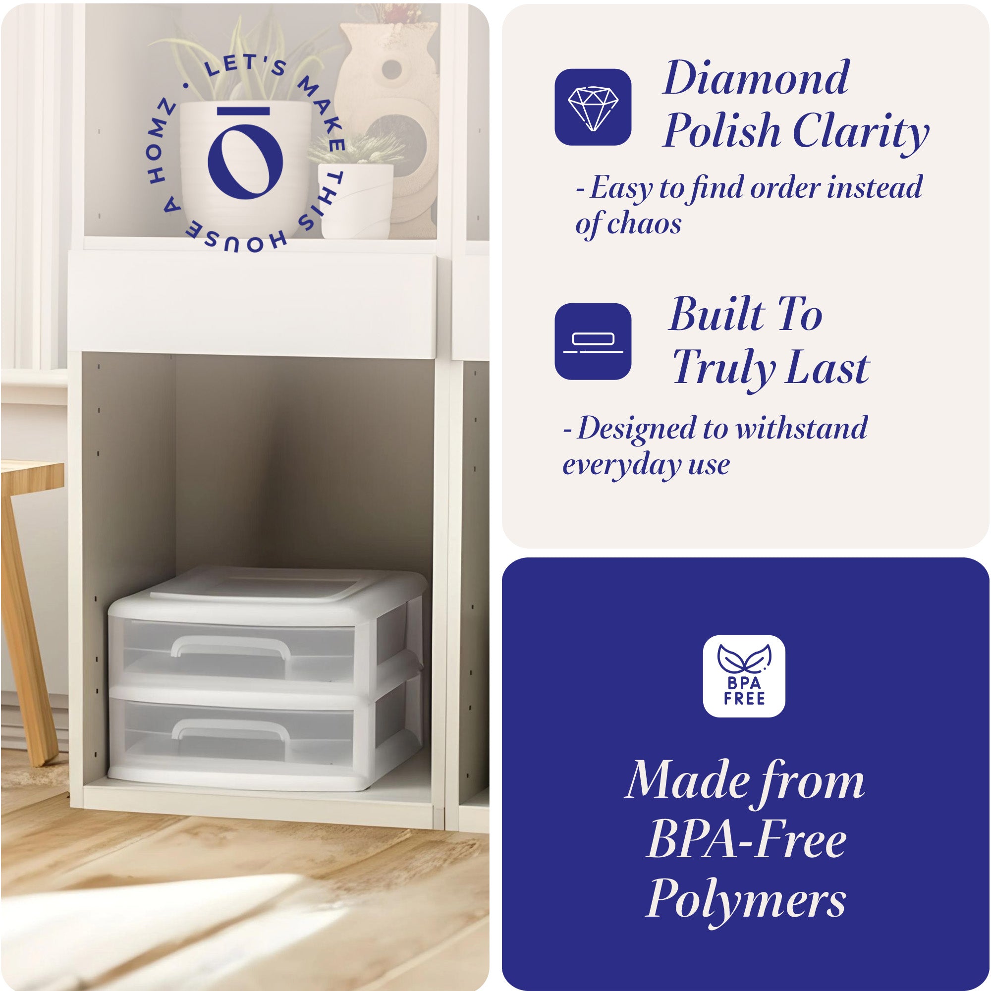 Homz Plastic 2 Drawer Medium Storage Cart, White Frame with Clear Drawer, 2 Pack