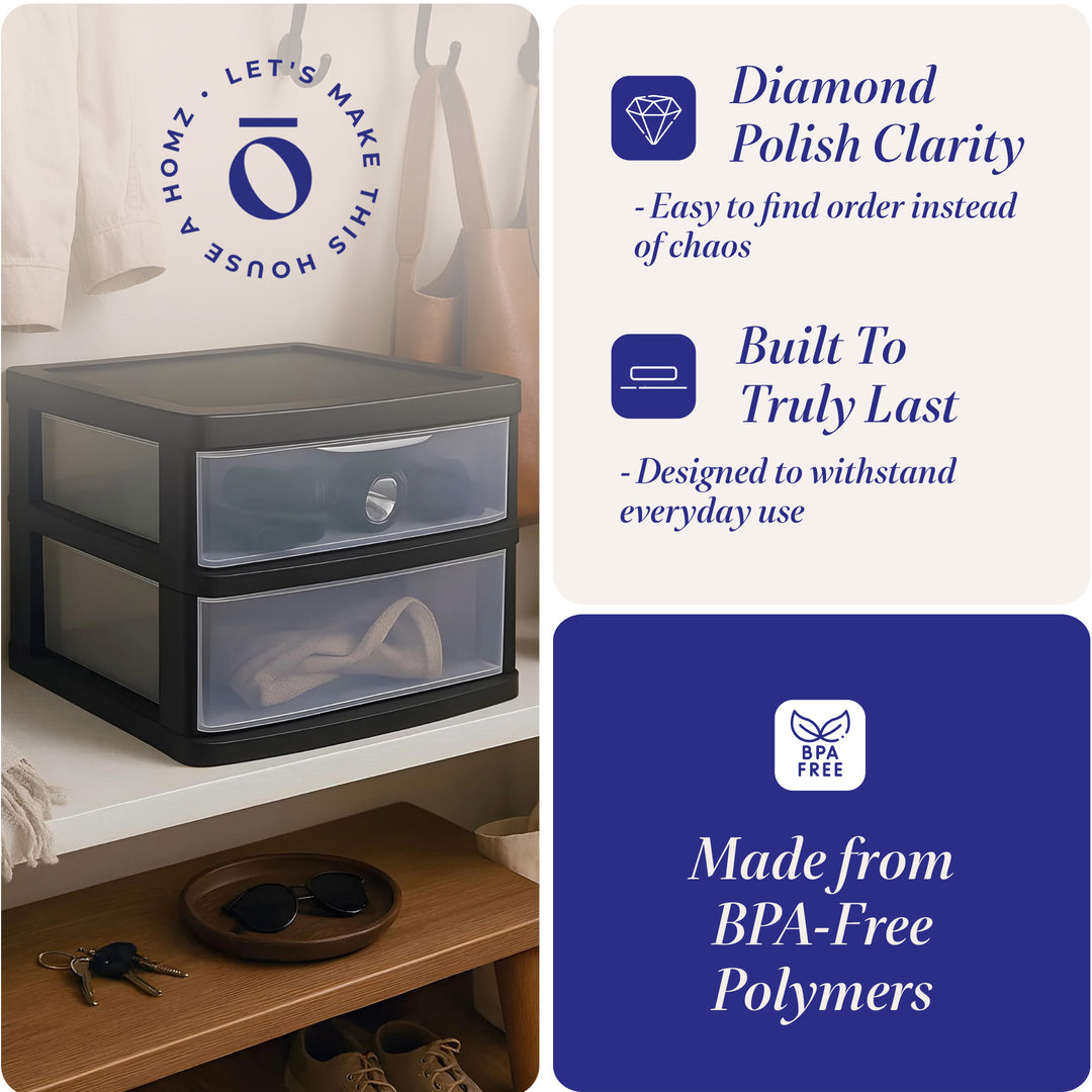 Homz Plastic 2 Drawer Medium Storage Cart, Black Frame with Clear Drawer, 2 Pack